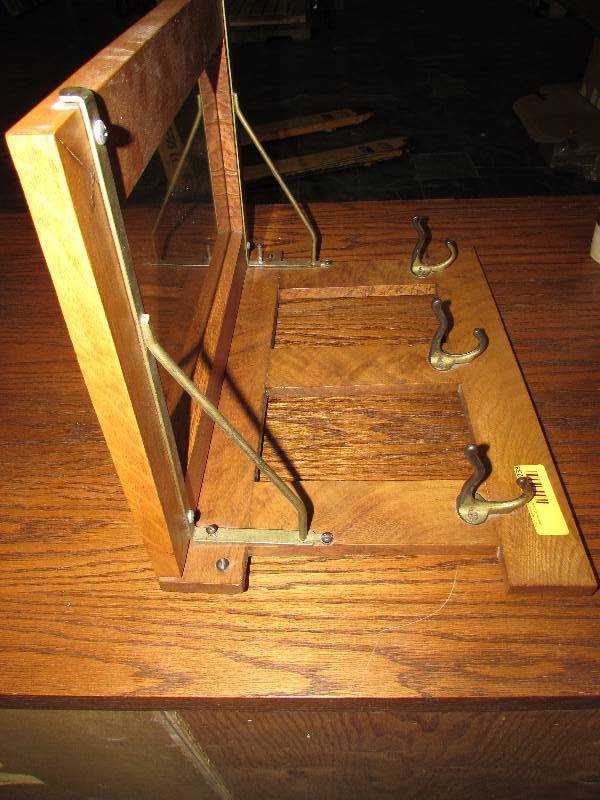 lot 238 image: WOOD SHELF WITH COAT HOOKS, PLEXI GLASS SHELF INSERT