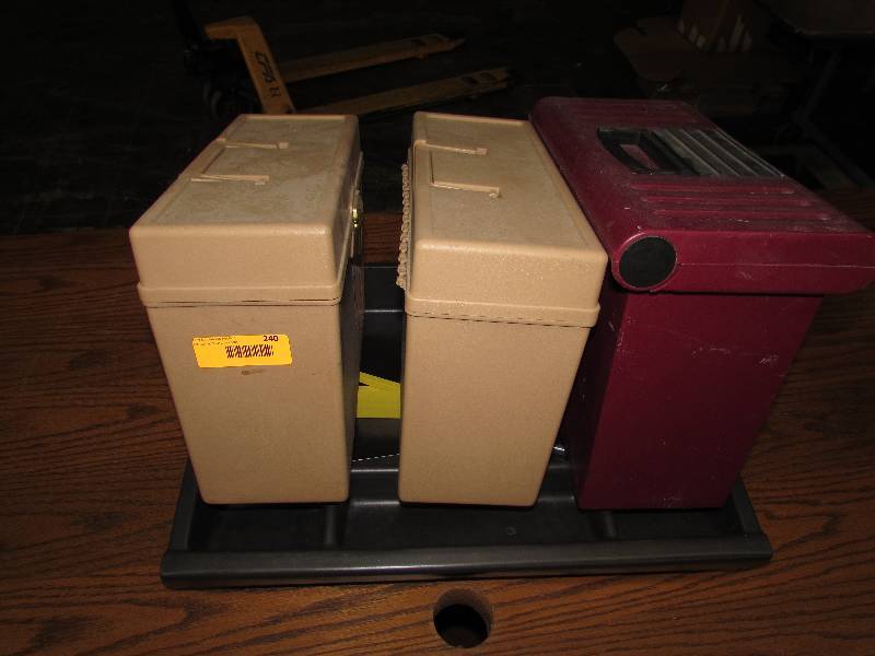 lot 240 image: THREE FILE BOXES, LEVELING GAUGE, SPRAYER HANDLE AND DRAWER ORGANIZER INSERT