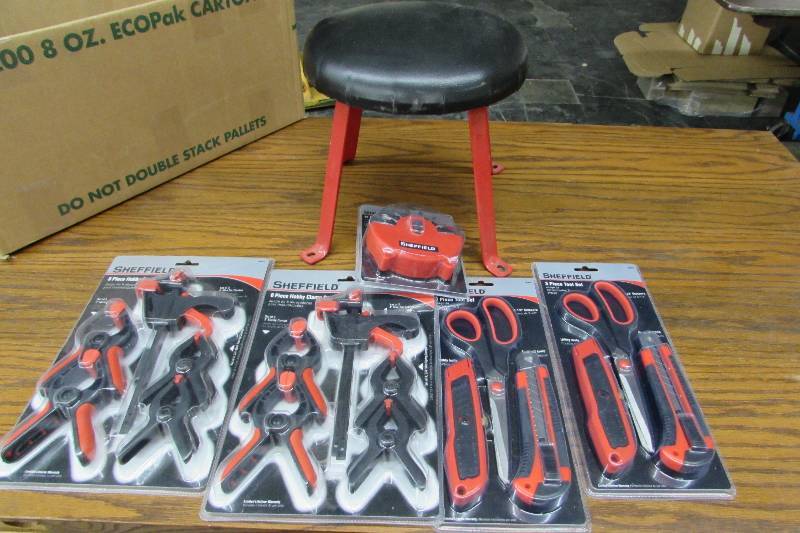 lot 253 image: SHEFFEILD CLAMPS, SHEARS AND BIT SET, AND STOOL