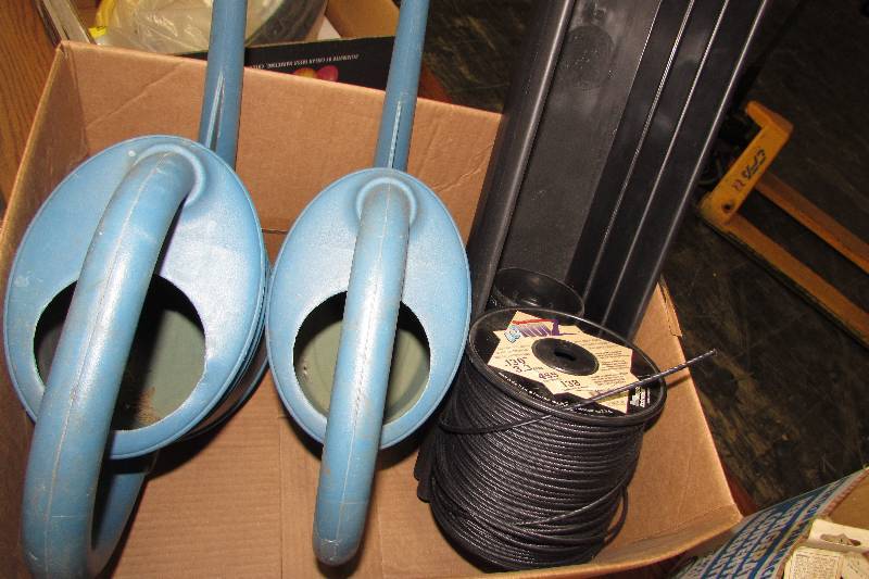 lot 258 image: TWO WATERING CANS, TWO PLANTER BOXES AND SPOOL OF CORD