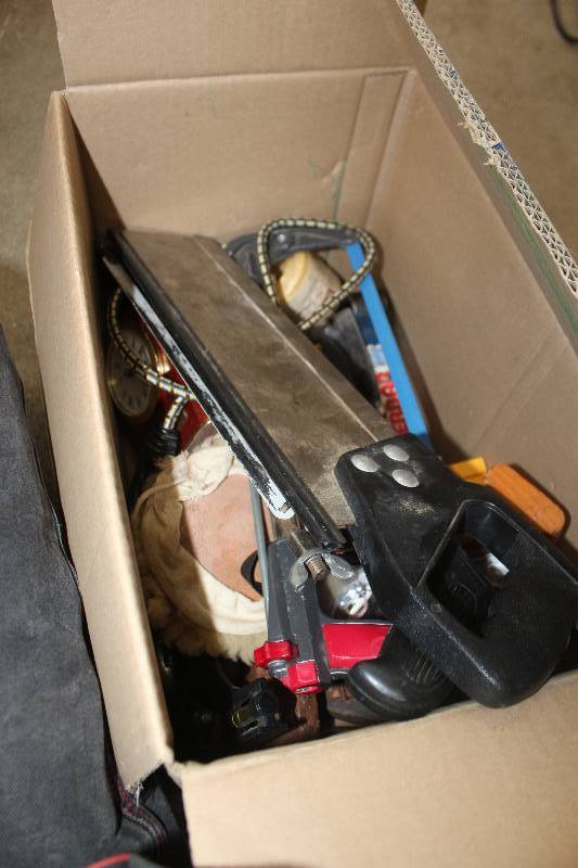 lot 120 image: Misc Hand Tools Includes Hacksaw, Hand Saw, Safety Goggles, And More