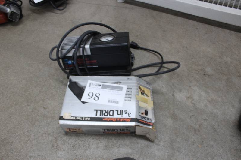 lot 98 image: Black & Decker Drill, Portable Air Compressor