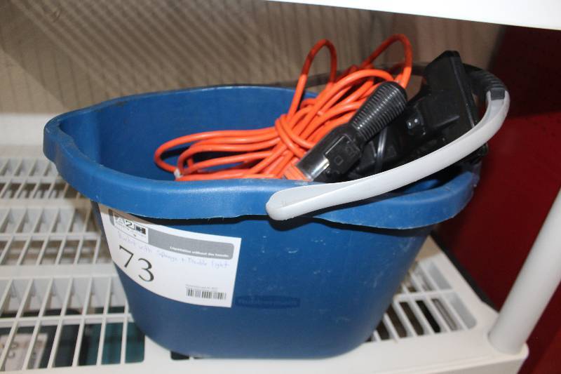 lot 73 image: Bucket w Table Light, Shop Trouble Light, Extension Cord