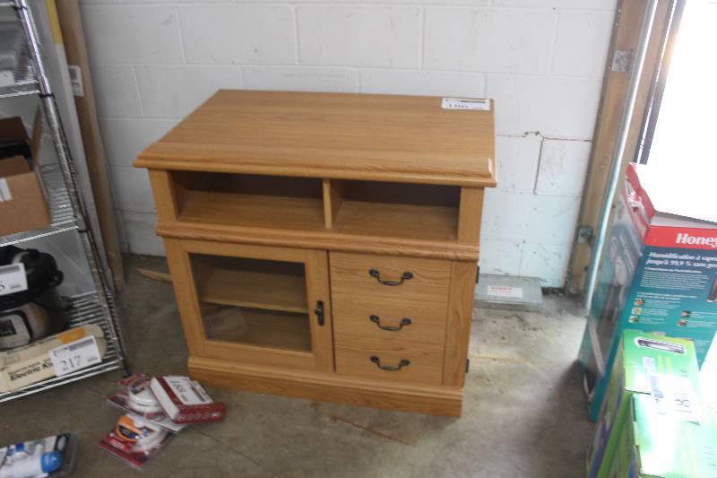 lot 186 image: Wood Entertainment Stand w Glass Door, 3-Drawers, 2-Shelfs