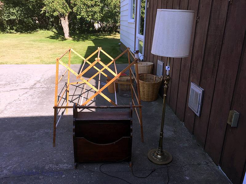 lot 163 image: Antique magazine rack, drying rack & floor lamp