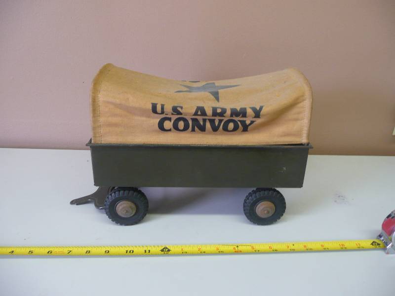 lot 4 image: VINTAGE CANVAS COVERED 4 WHEEL US ARMY CONVOY TRAILER - SEE PICTURES
