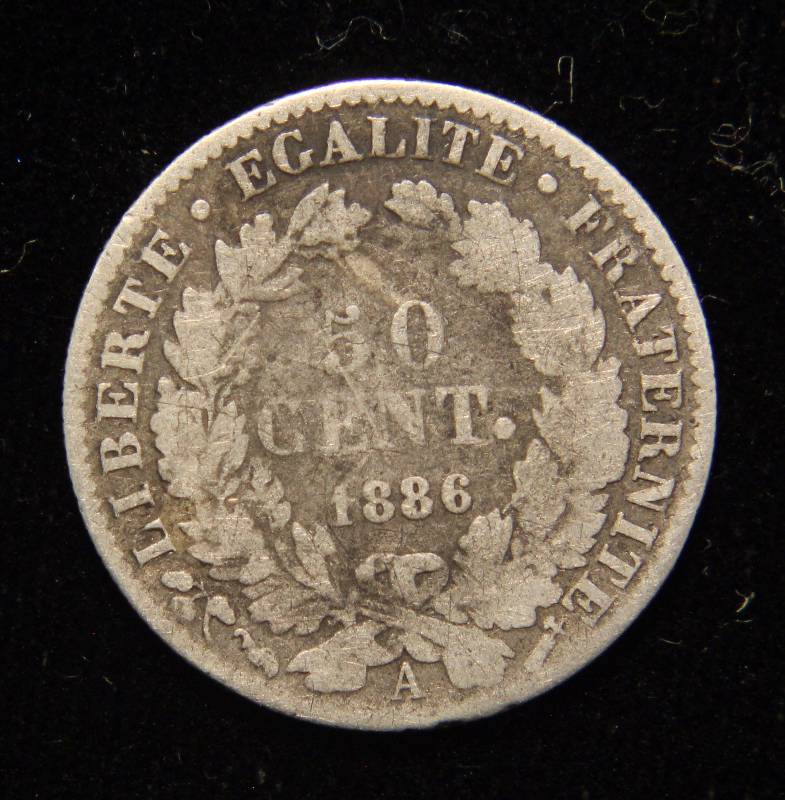 1886 FRANCE SILVER 50 CENT (83.5% SILVER  2.5 GRAMS)