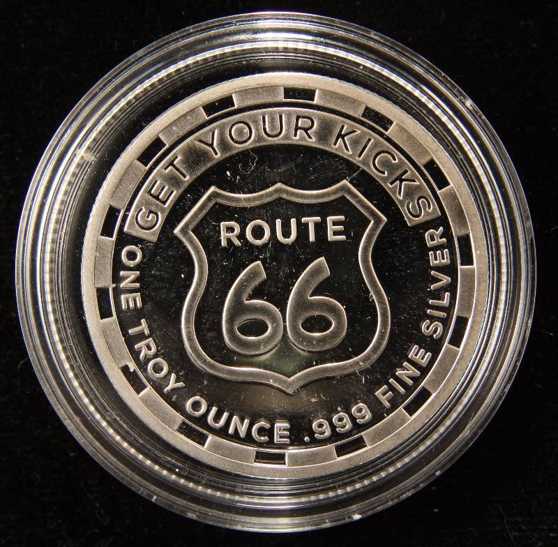 1 TROY OZ. .999 FINE SILVER ROUTE 66 ROUND  IN AIRTIGHT HOLDER