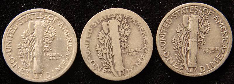GROUP OF 3 SILVER MERCURY DIMES 1918-D 1924-P & 1938-S (XF)