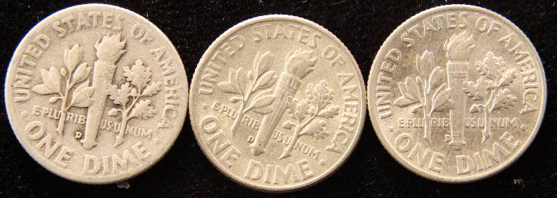 GROUP OF 3 SILVER ROOSEVELT DIMES 1946D 49D 53D