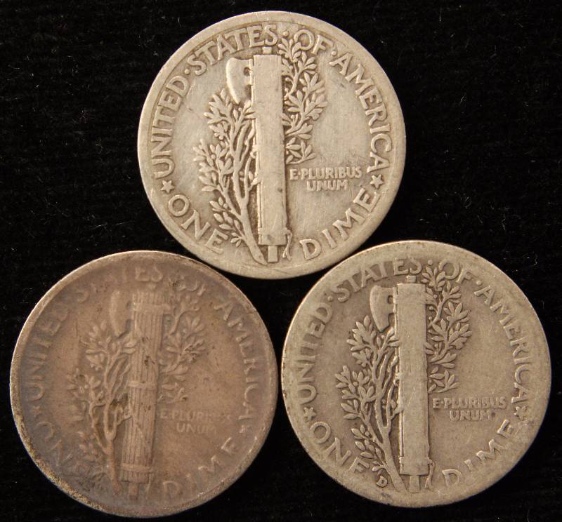 GROUP OF 3 SILVER MERCURY DIMES 1923 1926 & 1938D