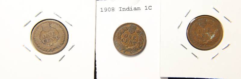 GROUP OF 3 INDIAN HEAD CENTS 1862 1905 & 1908