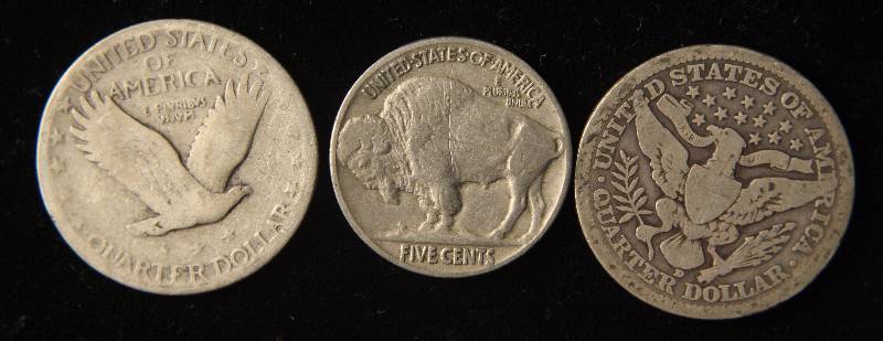 GROUP OF 3 COINS BARBER 25C, STANDING 25C & BUFFALO 5C