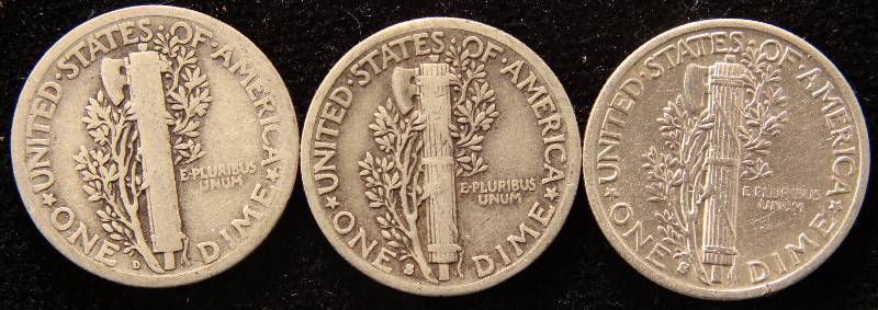 GROUP OF 3 SILVER MERCURY DIMES 1926D 1935S & 1943S(UNC)