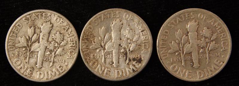 GROUP OF 3 SILVER ROOSEVELT DIMES 1946D 49D 51S