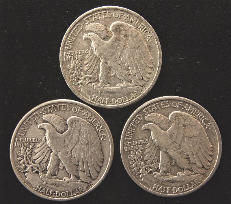 GROUP OF 3 WALKING LIBERTY SILVER HALF DOLLARS 1942D 1943 1944D