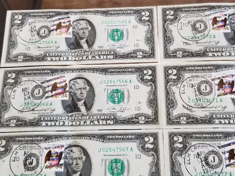 GROUP OF 10 CONSECUTIVE SERIAL # FIRST DAY ISSUE STAMPED $2 BILLS