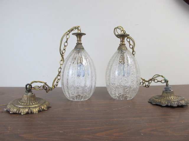 lot 55 image: Pair of Vintage 1950s Bubble Glass & Brass Hanging Lamps