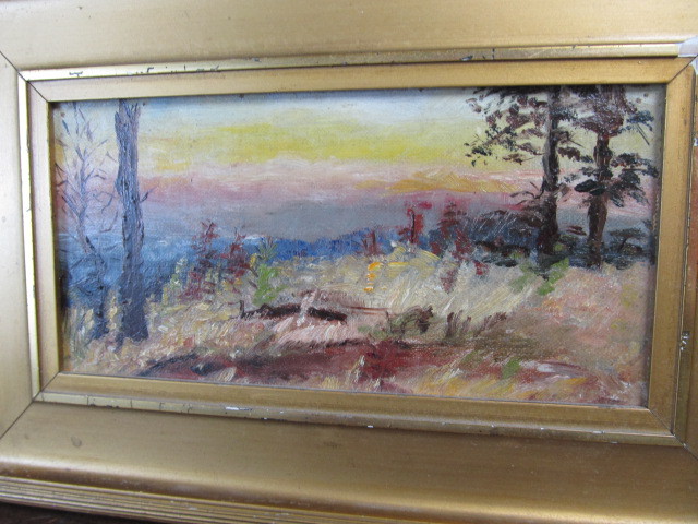 lot 129 image: Small Antique Oil on Wood Panel Landscape Painting