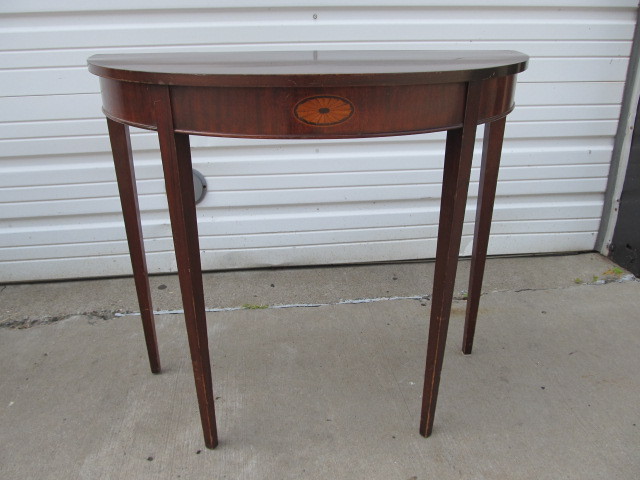 lot 7 image: Vintage 1940s Inlaid Mahogany Demilune Console Table