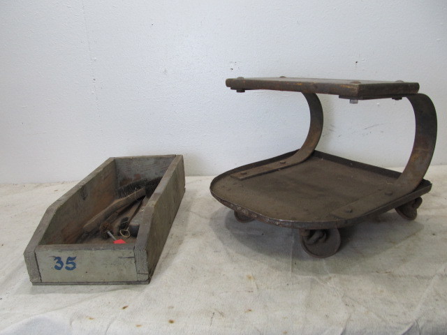 lot 141 image: Old Vintage Balkamp Rolling Mechanics Seat wBox of Brushes