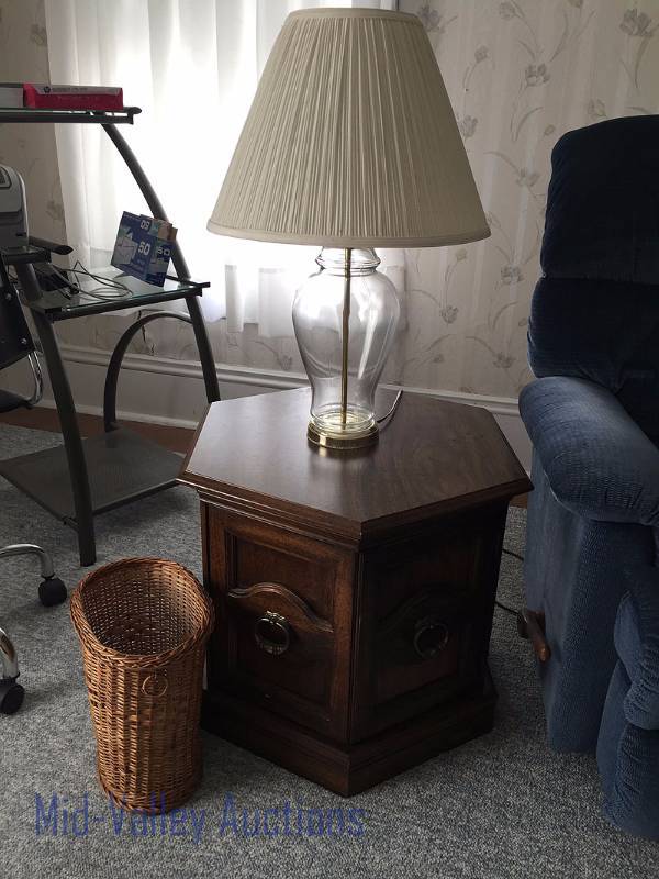 End table, lamp and wicker garbage