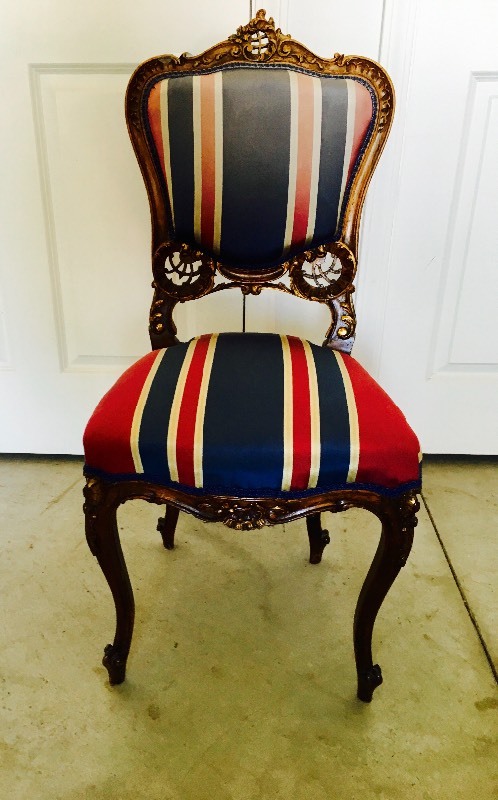 lot 10 image: ANTIQUE CARVED DINING ROOM CHAIR WITH STRIPED UPHOLSTERY