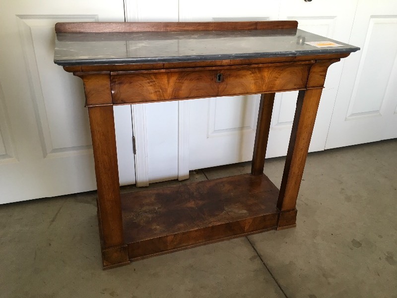 lot 18 image: ANTIQUE MARBLE TOPPED CONSOLE, AMAZING WOOD GRAIN PATTERNS IN THE PIECE