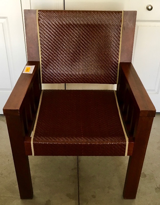 lot 23 image: CONTEMPORARY WOVEN LEATHER CHAIR, WOOD FRAME