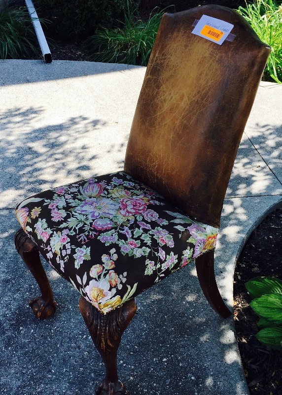 lot 29 image: UPHOLSTERED CHAIR WITH CARVED BALL AND CLAW FEET
