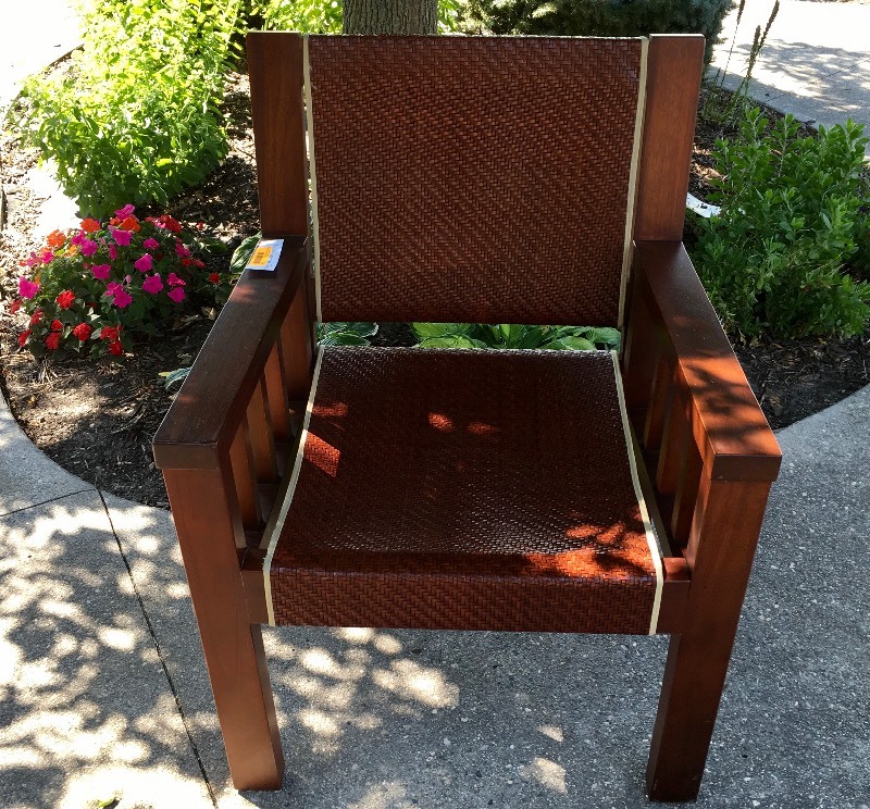 lot 24 image: CONTEMPORARY WOVEN LEATHER CHAIR, WOOD FRAME