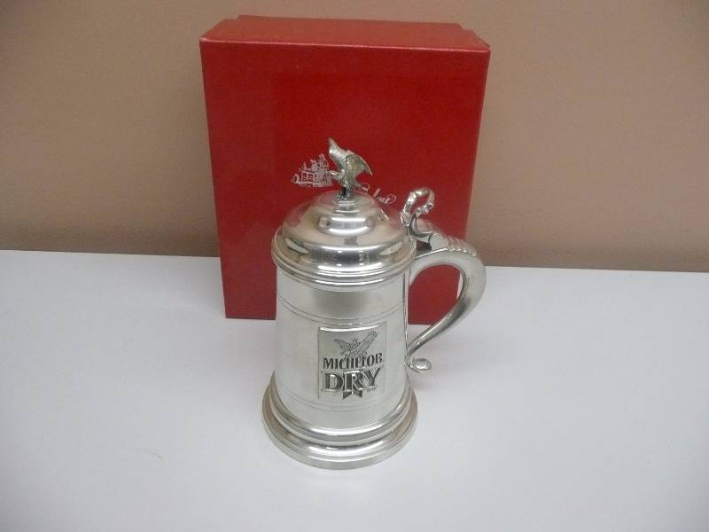 lot 8 image: Anheuser Busch Michelob Dry Lidded Beer Stein Shirley Pewter Williamsburg VA - Excellent Condition - See Pictures