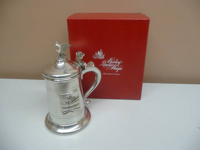 lot 9 image: Anheuser Busch Budweiser - King Of Beers Lidded Beer Stein Shirley Pewter Williamsburg VA - Excellent Condition - See Pictures