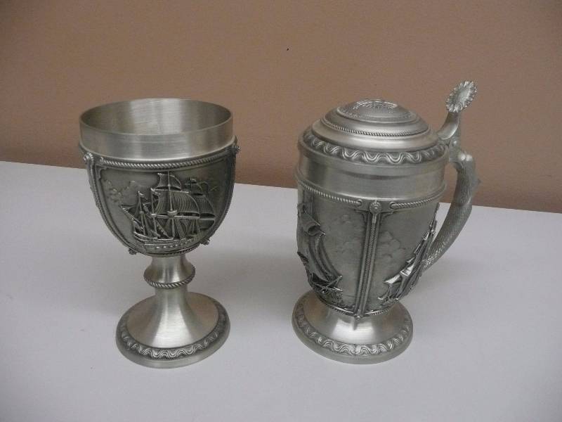 lot 33 image: Vintage & Awesome - SKS Zinn Design 95% Pewter Lidded Stein & Goblet With Ships - See Pictures