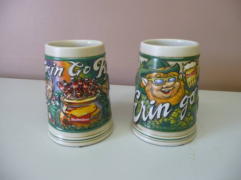 lot 60 image: (2) - VINTAGE ST. PATRICK ERIN GO BUD BUDWEISER ANHEUSER-BUSCH CERAMIC BEER STEINS MUGS - GREAT CONDITION SEE PICTURES