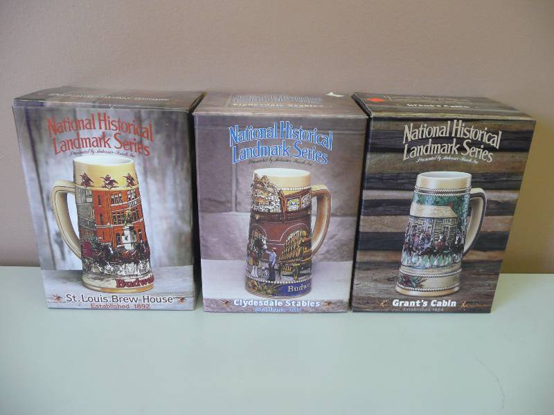 lot 66 image: Budweiser National Historical Landmark Series set of 3 Limited Edition Steins - NEW IN BOX SEE PICTURES