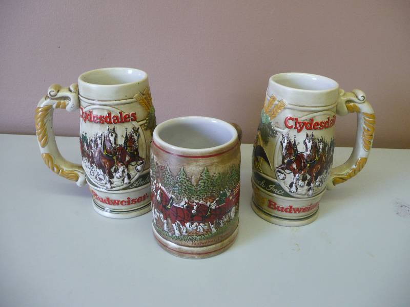 lot 70 image: (2) - 1983 Budweiser 50th Anniversary Clydesdale Beer Steins & (1) Budweiser Champion Clydesdales MugStein, Ceramarte - Great Condition See Pictures