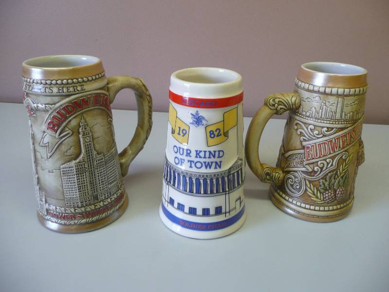 lot 71 image: 1980,1981 & 1982  Anheuser Busch Budweiser Chicago Limited Edition Steins - Great Condition See Pictures