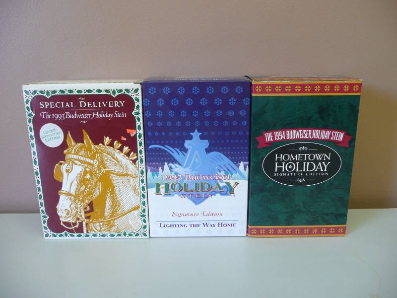 lot 74 image: 1993,1994 & 1995 BUDWEISER HOLIDAY STEINS STILL IN BOX - SEE PICTURES