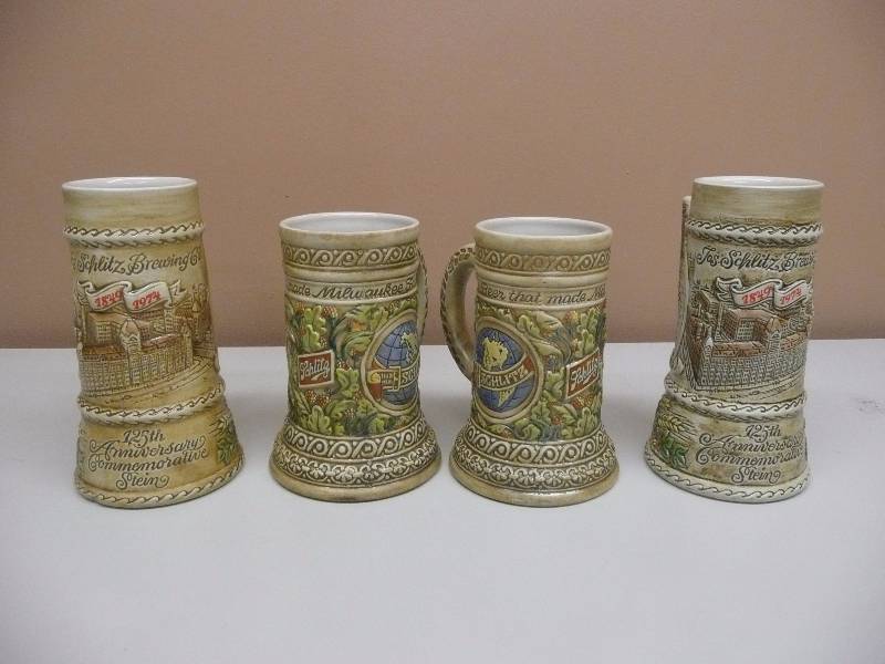 lot 78 image: (2) JOS SCHLITZ Brewing Co. 125th Anniversary Stein By Ceramarte - RARE VERSION & (2) THE BEER THAT MADE MILWAUKEE FAMOUS STEINS - GREAT CONDITION SEE PICTURES