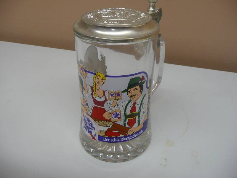 lot 83 image: Pabst Blue Ribbon Stein - Glass Lidded - Der Echte Biergeschmack  - Vintage Great Condition - Unused Condition - Nice - See Pictures