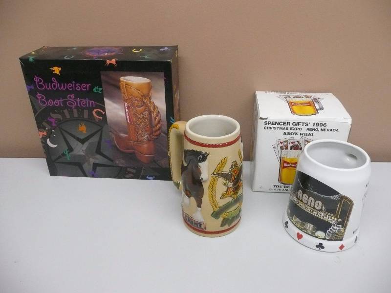 lot 87 image: (3) BUDWEISER MUG STEIN PIECES - 1996 YOURE HOLDING, IN BOX - 1994 BOOT, IN BOX - VINTAGE BUD LIGHT STEIN - SEE PICTURES