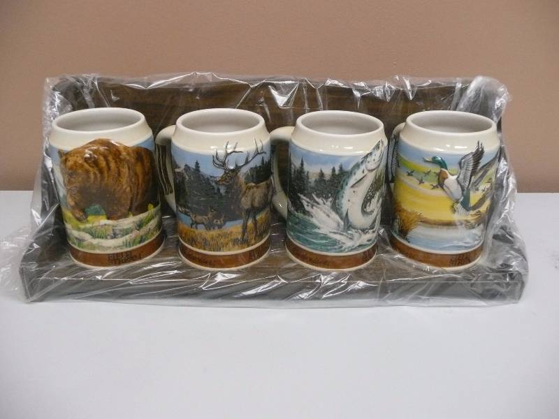 lot 92 image: 1988 NEW IN BOX - BUDWEISER ANHEUSER BUSCH Field & Stream Wild Life Series BEER STEIN Set of 4 - WSHELF - SEE PICTURES