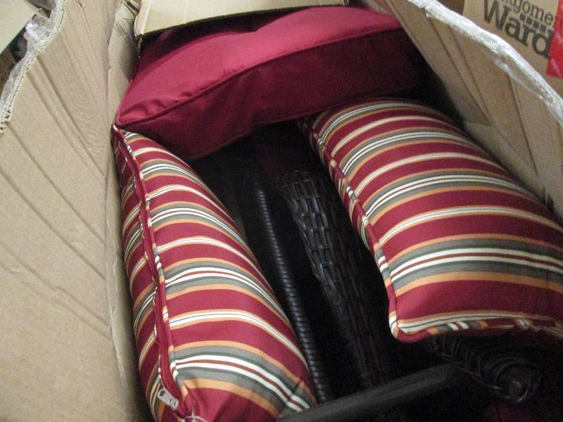 lot 99 image: Resin Wicker Glider Loveseat open b...