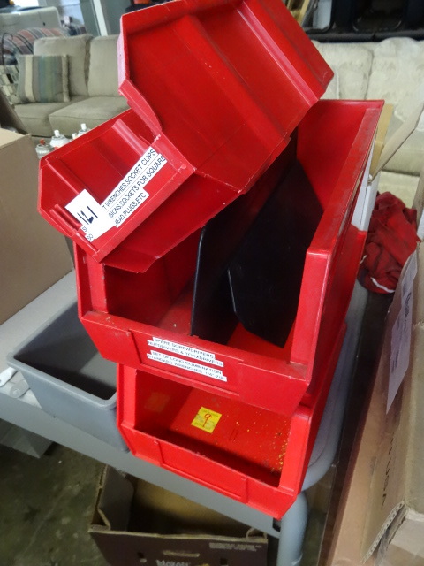 lot 121 image: 3 Large Hardware Bins. 1 Plastic Grey Bin