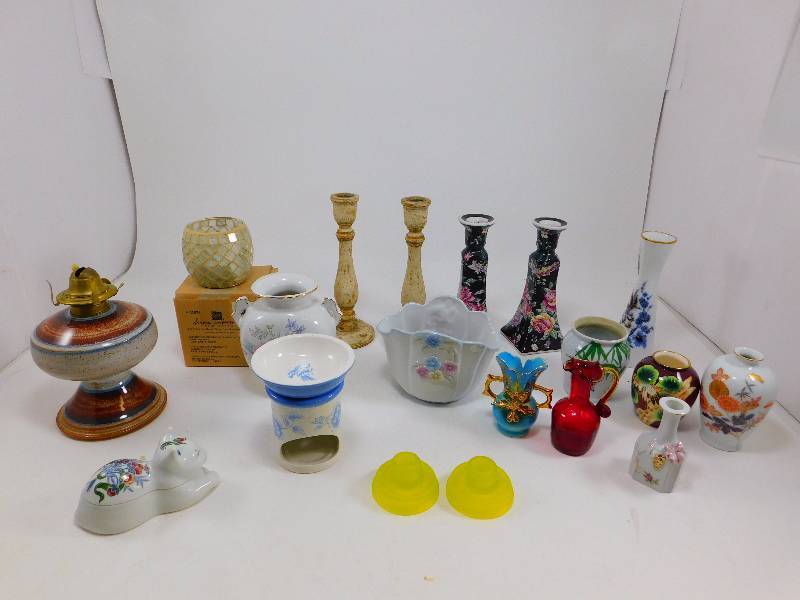 Lot Of Vintage Vases, Lantern And Candles