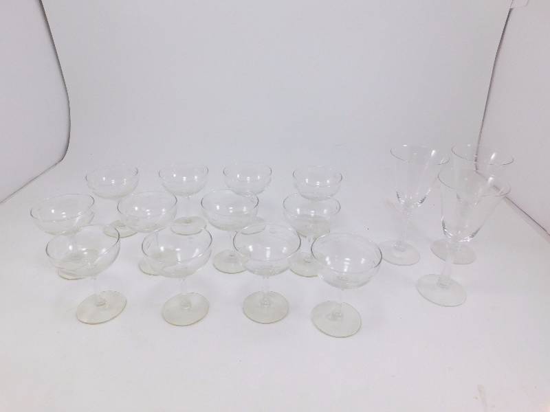 Set of (12) Etched Crystal Champagne Glasses and (3) Wine Glasses