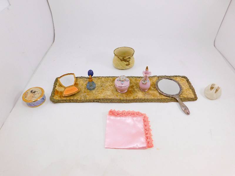 Vintage Dresser Items - Mirror, Perfume Bottles, Make Up