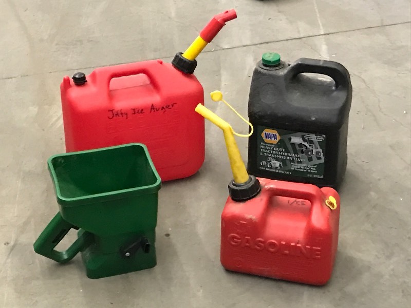 (2) Gas Cans, Hydraulic Fluid, Fertilizer Spreader