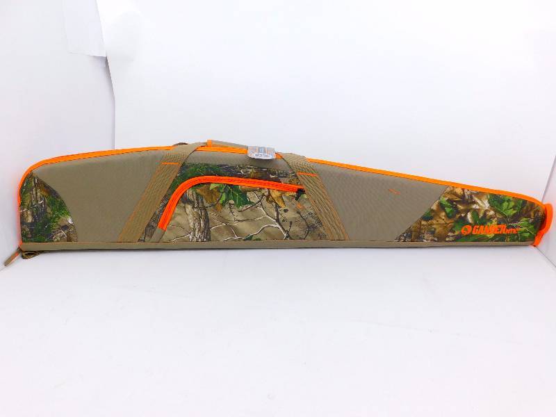 lot 43 image: New Gander Mtn. Softek Shell 46 Blaze Camo Gun Case